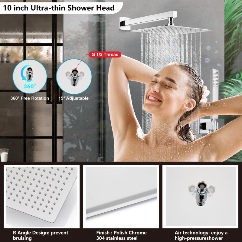 Midanya Shower Faucet Set,Wall Mount Shower System with Square Rain Shower Head and Hand Sprayer, Rough-in Valve Body and Trim Kit Included,10 Inch,Polish Chrome - Image 3